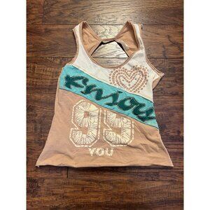 Y.O.U. White Tan Blue Y2K 00s Open Back Graphic Tank Top USA XS/S? VTG